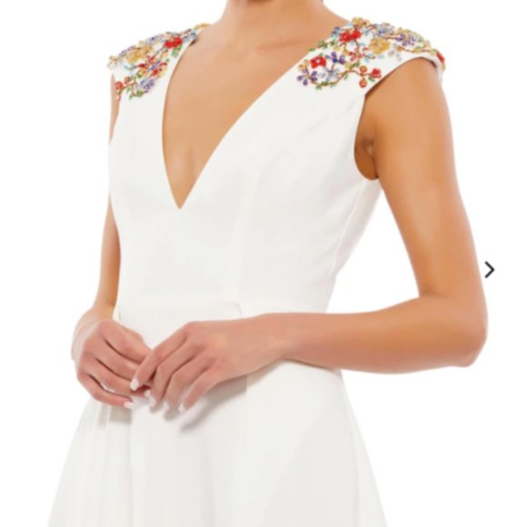 MAC DUGGAL BEADED CAP SLEEVE A-LINE FRONT SLIT WHITE MIDI DRESS sz 14 - Picture 3 of 3